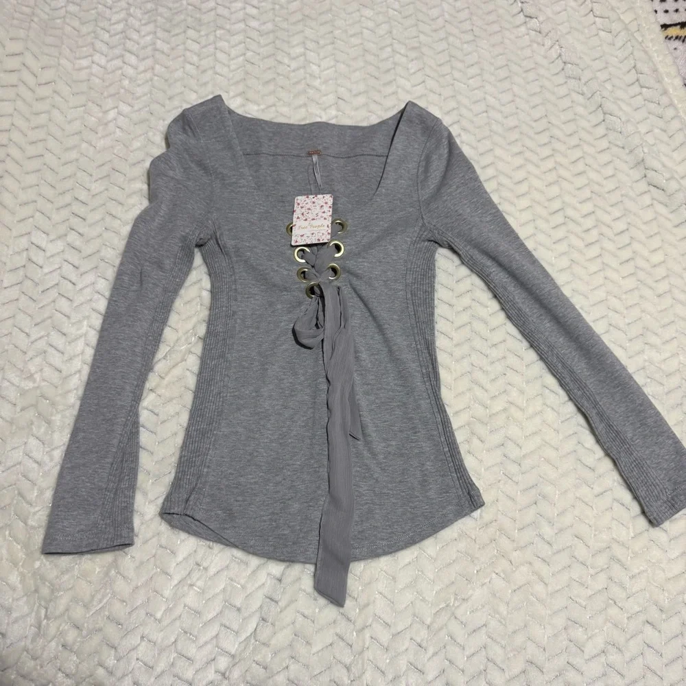 Free People Light Gray Lace-Up Long Sleeve Top